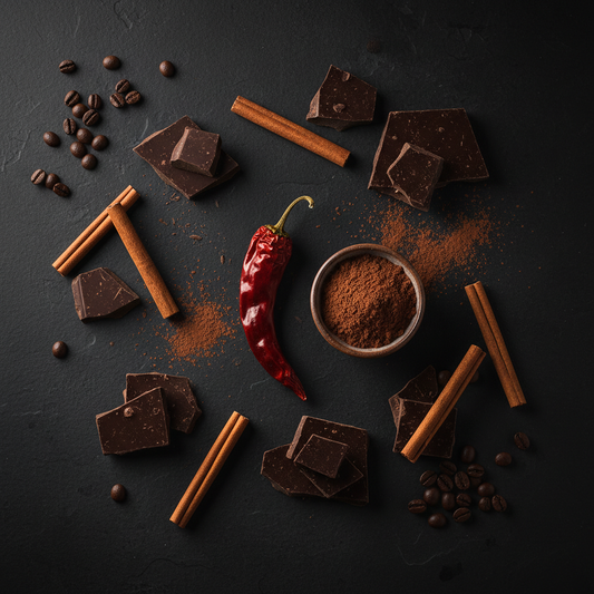 Mexican Chocolate coffee ingredients flat lay