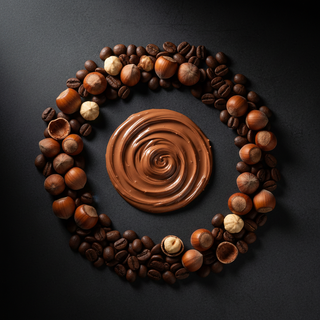 Hazelnut coffee ingredients flat lay