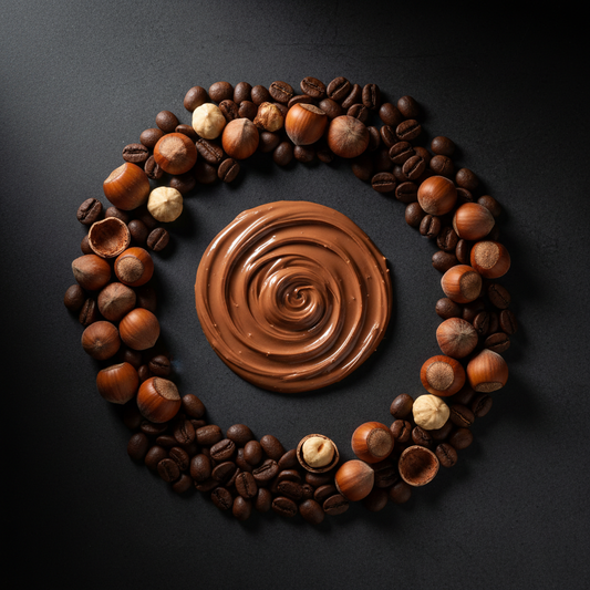 Hazelnut coffee ingredients flat lay